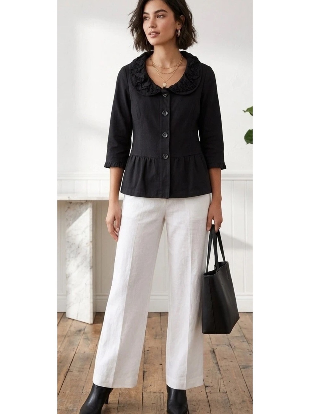 Nick & Mo Black Peplum Button Jacket with Ruffle Collar